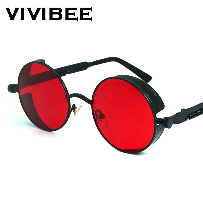 VIVIBEE Vintage Steampunk Red Sunglasses Men Round Punk Alloy Metal Retro Sun Glasses Women 2026 Goggles Gothic Style Shades