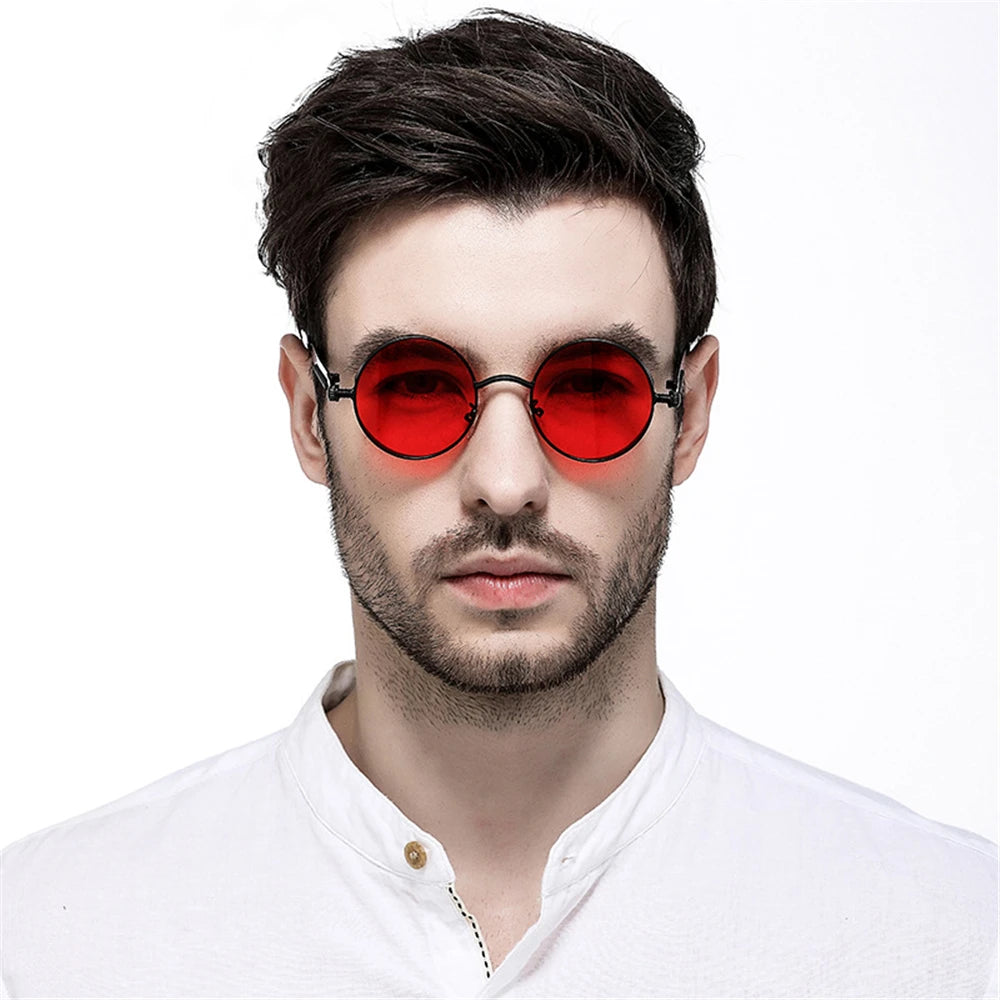 VIVIBEE Vintage Steampunk Red Sunglasses Men Round Punk Alloy Metal Retro Sun Glasses Women 2026 Goggles Gothic Style Shades