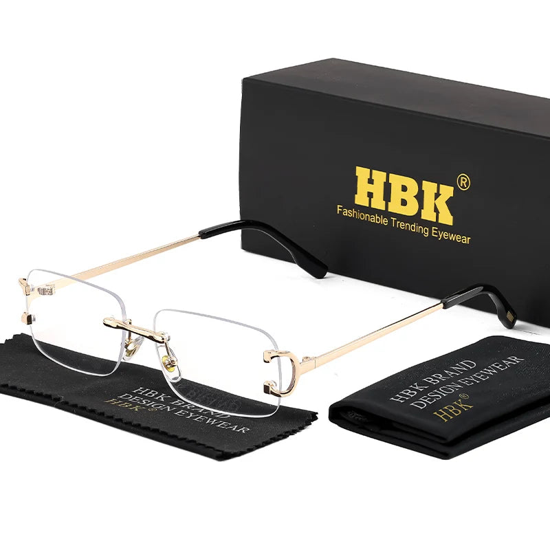 HBK Retro Rimless Sunglasses For Women Men Small Square Gold Frame Brand Design Tea Shades Rectangle UV400 Zonnebril Eyewear
