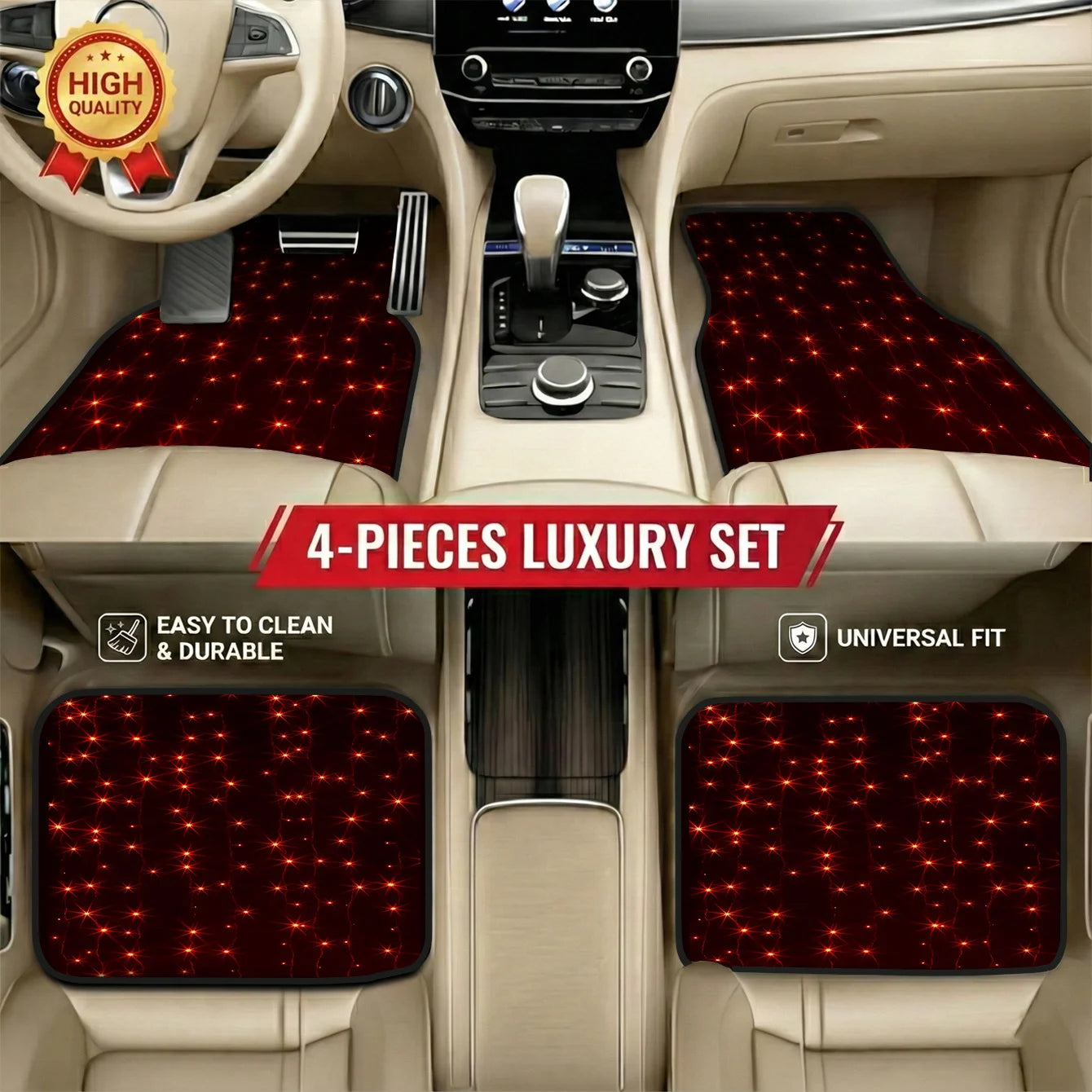 4pcs Unique Red Lights Style Car Mats | Special Gift For Car Lovers, Universal Fit, Durable & Easy To Maintain, Polyester Fiber