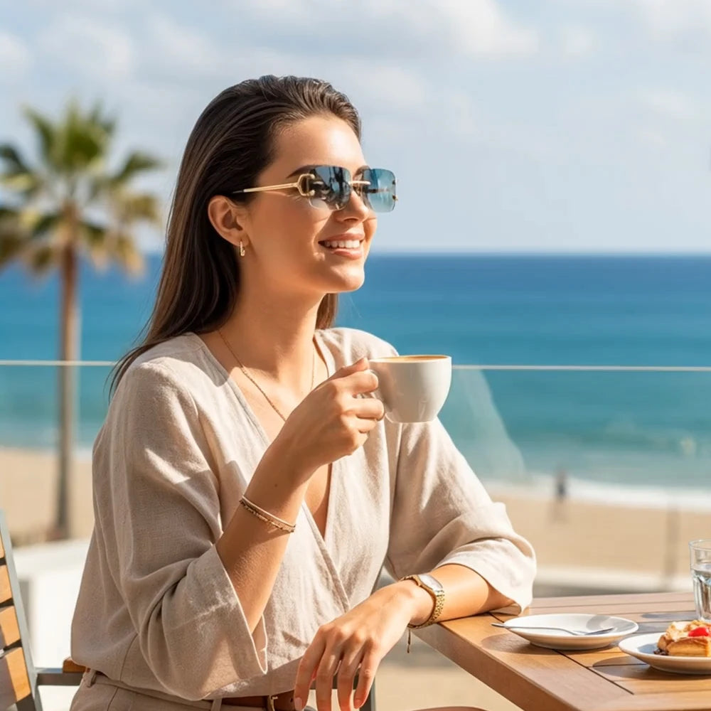 HBK Retro Rimless Sunglasses For Women Men Small Square Gold Frame Brand Design Tea Shades Rectangle UV400 Zonnebril Eyewear